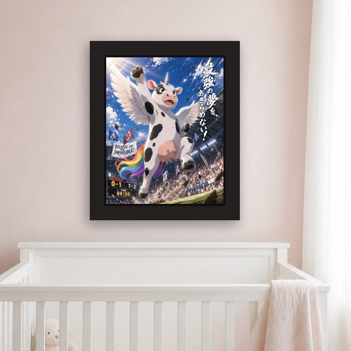 Believe in the Impossible — Pegacow framed wall art print (11" x 14" / Black), nursery view