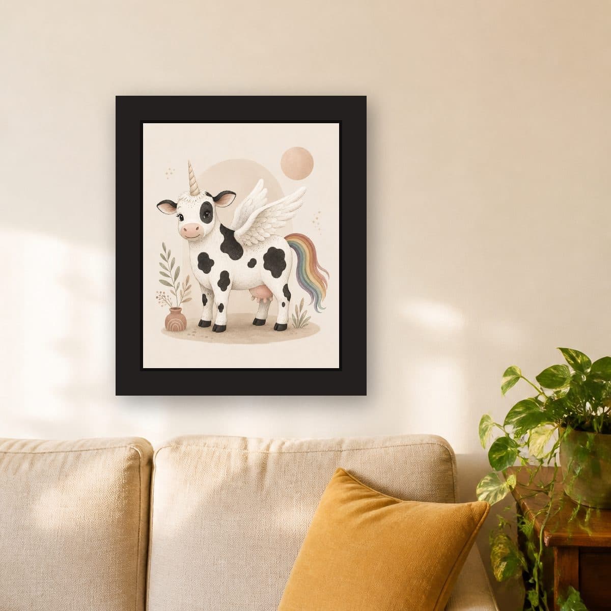 Boho Sun — Pegacow framed wall art print (11" x 14" / Black), living room view