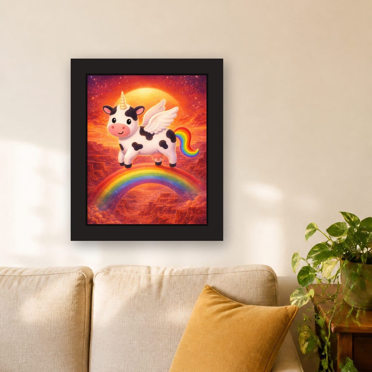 Canyon Run — Pegacow framed wall art print (11" x 14" / Black), living room view
