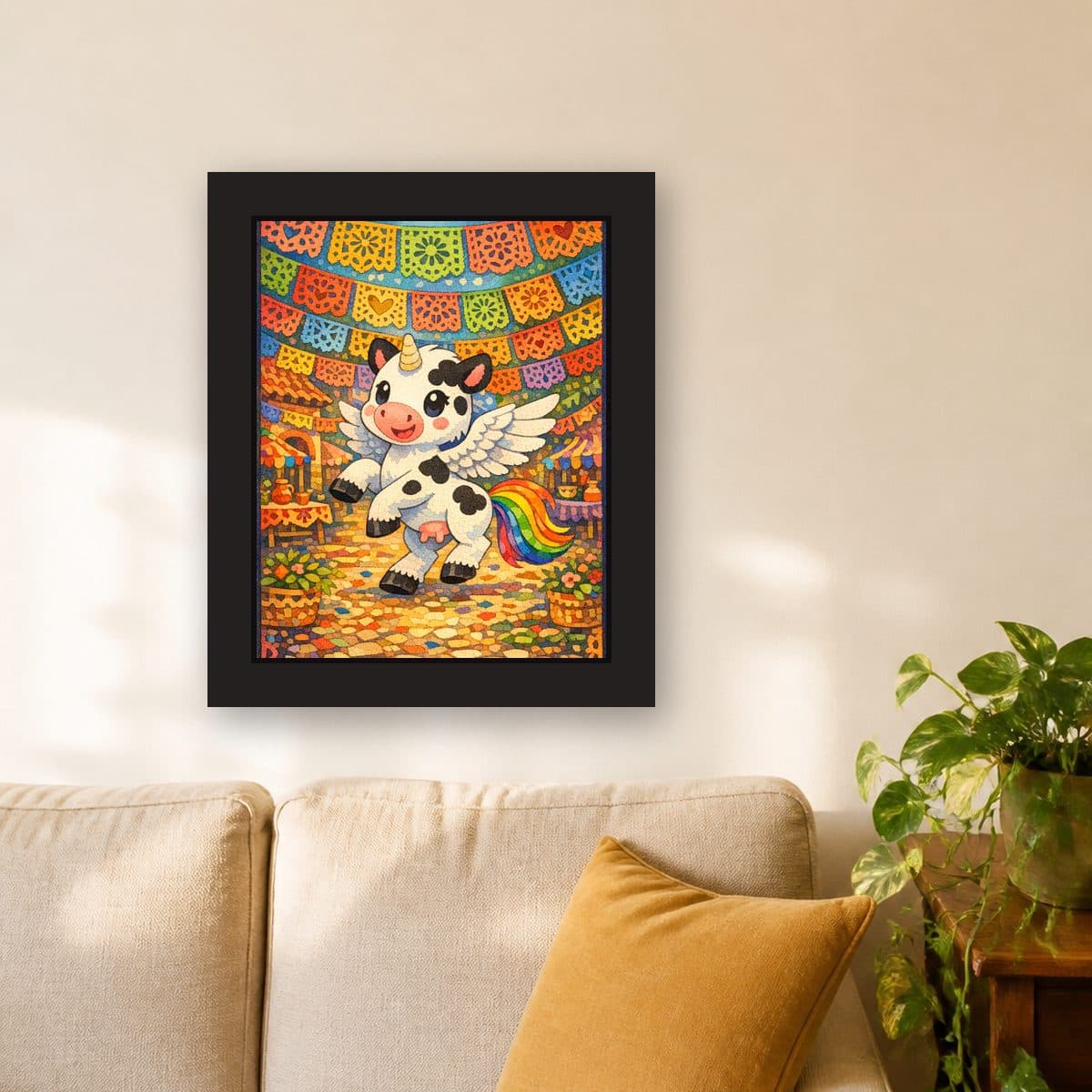 Fiesta — Pegacow framed wall art print (11" x 14" / Black), living room view