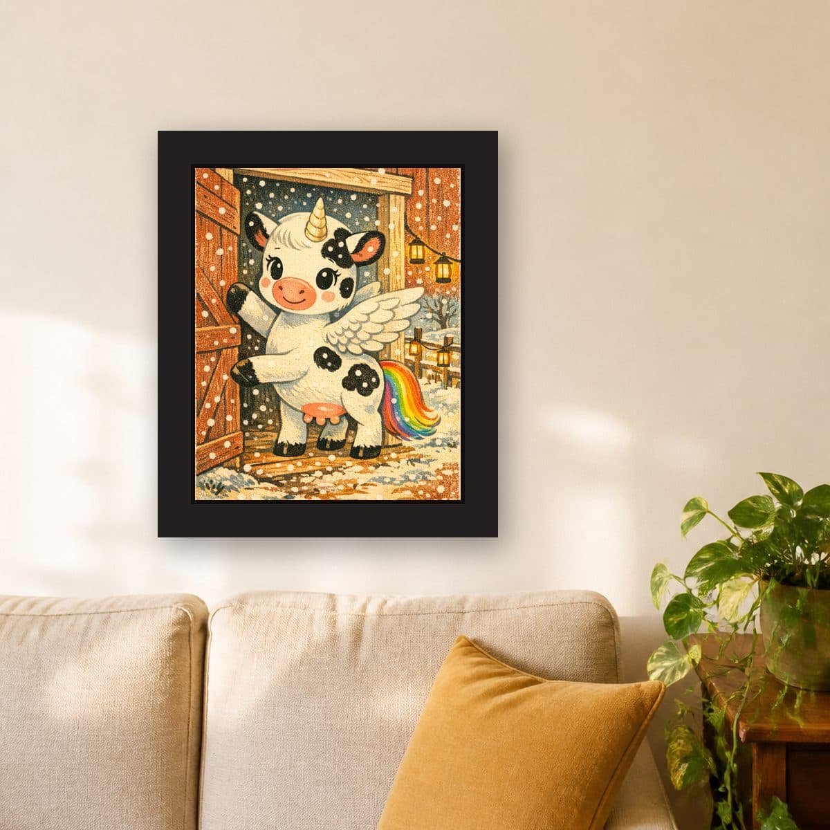First Snow — Pegacow framed wall art print (11" x 14" / Black), living room view