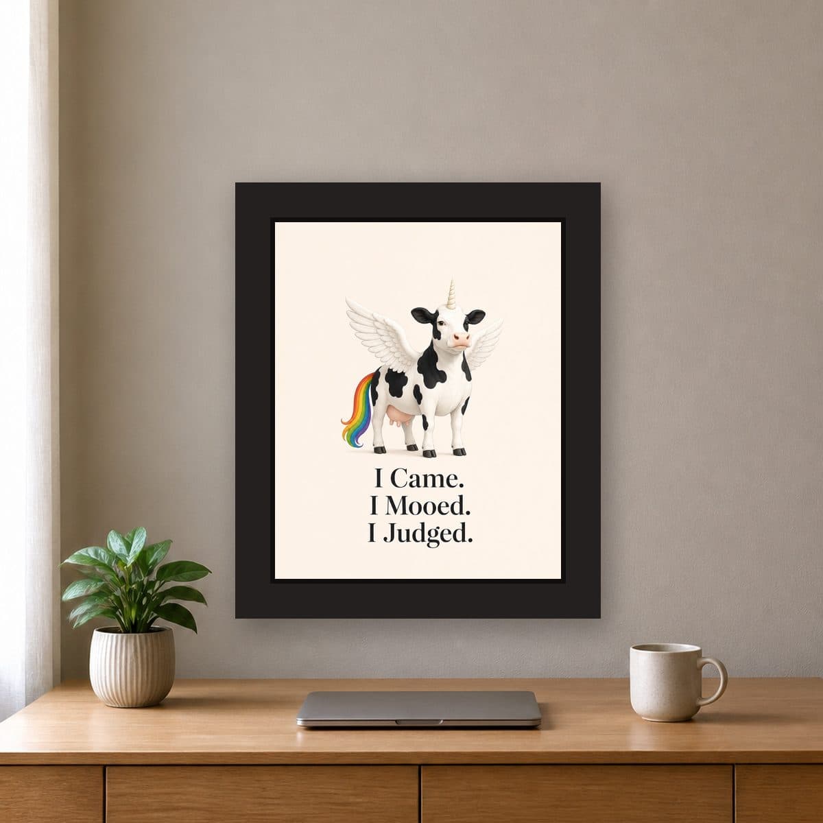 I Came. I Mooed. I Judged. — Pegacow framed wall art print (11" x 14" / Black), office view