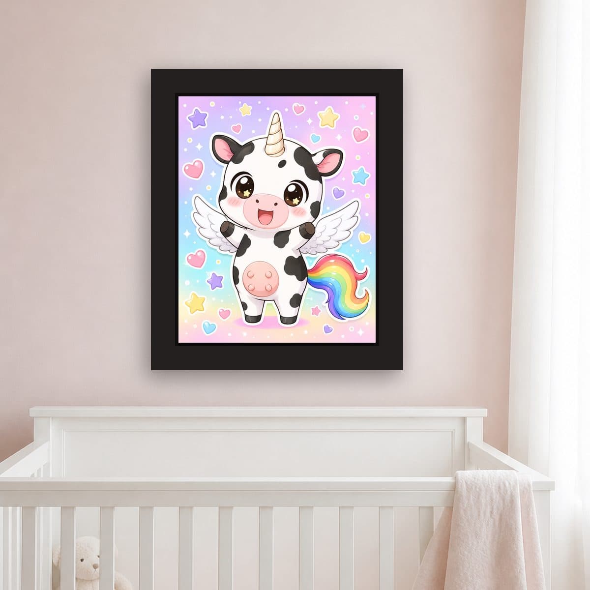 Kawaii Hearts — Pegacow framed wall art print (11" x 14" / Black), nursery view
