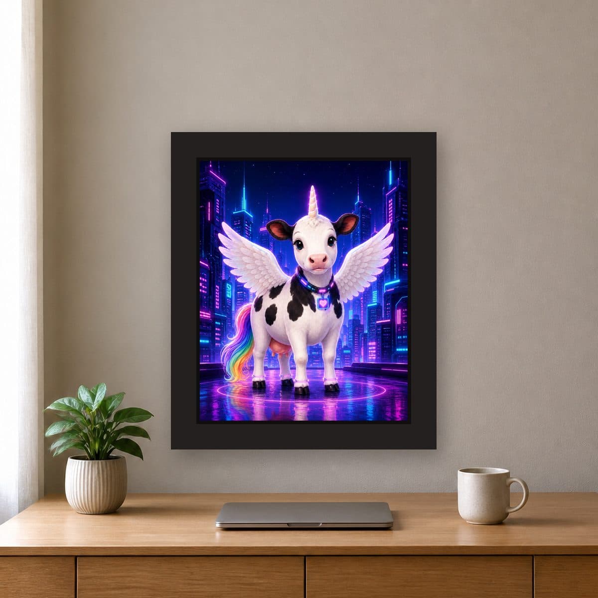 Neon City — Pegacow framed wall art print (11" x 14" / Black), office view