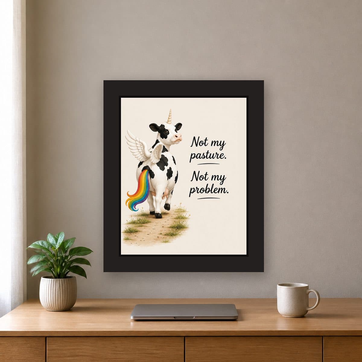 Not My Pasture. Not My Problem. — Pegacow framed wall art print (11" x 14" / Black), office view