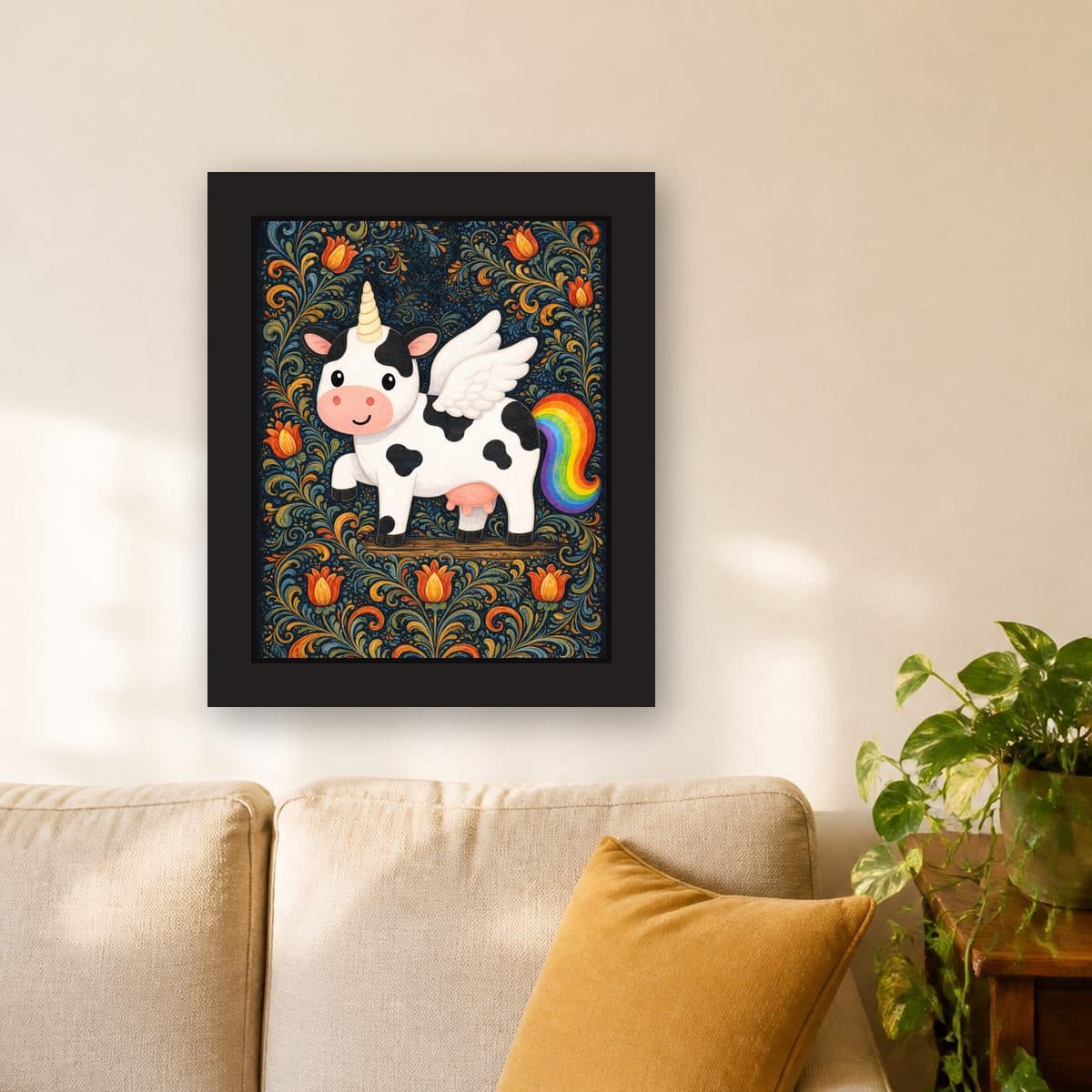Rosemaling — Pegacow framed wall art print (11" x 14" / Black), living room view