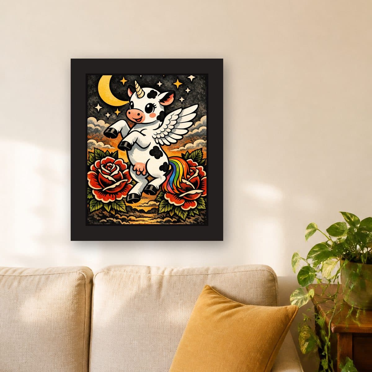 Roses & Moon — Pegacow framed wall art print (11" x 14" / Black), living room view