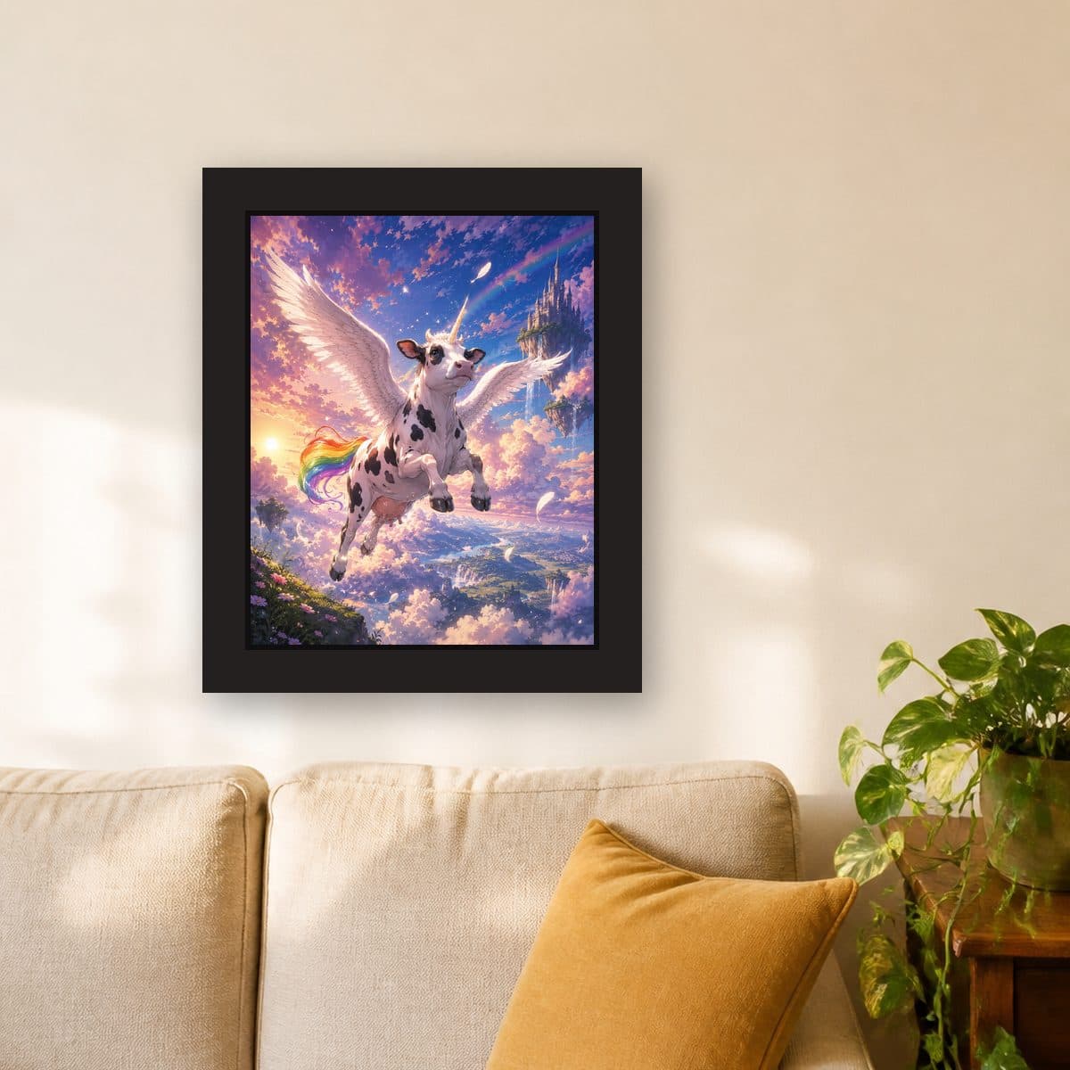 Sky Castle Sunrise — Pegacow framed wall art print (11" x 14" / Black), living room view