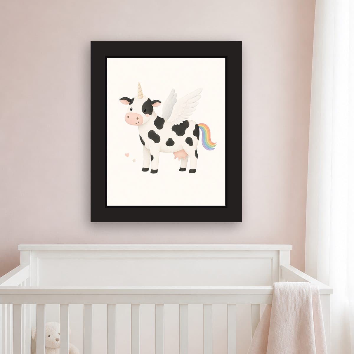 Storybook Smile — Pegacow framed wall art print (11" x 14" / Black), nursery view
