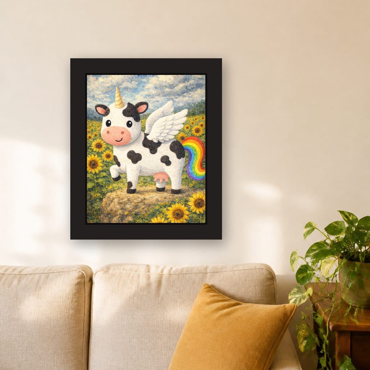 Sunflower Weather — Pegacow framed wall art print (11" x 14" / Black), living room view
