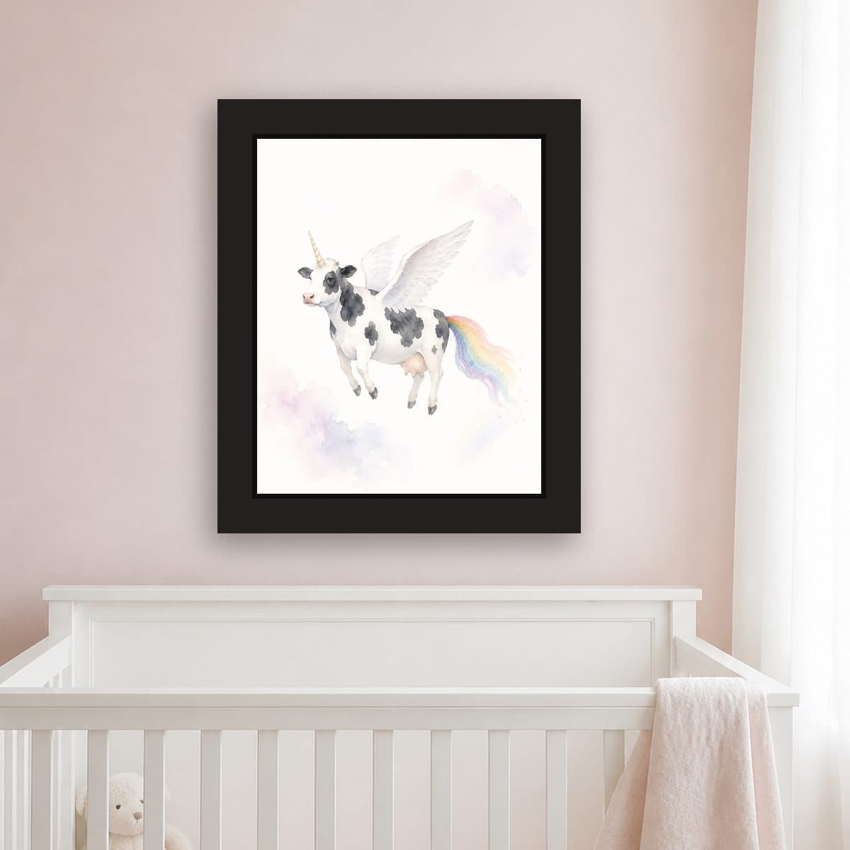 Watercolor Clouds — Pegacow framed wall art print (11" x 14" / Black), nursery view