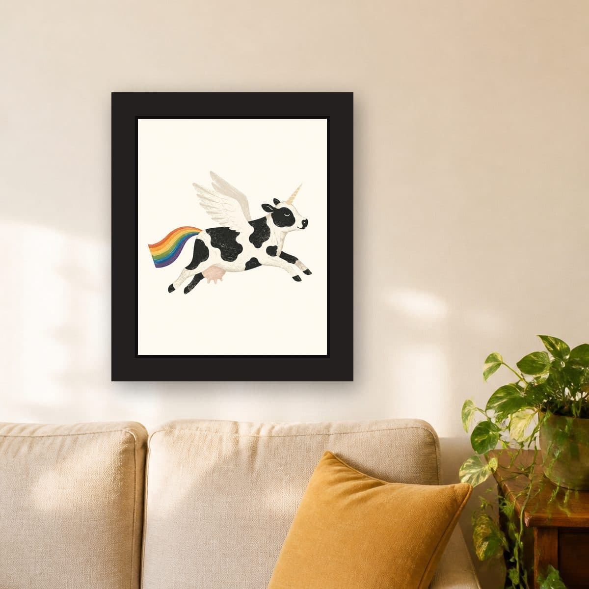Watercolor Leap — Pegacow framed wall art print (11" x 14" / Black), living room view
