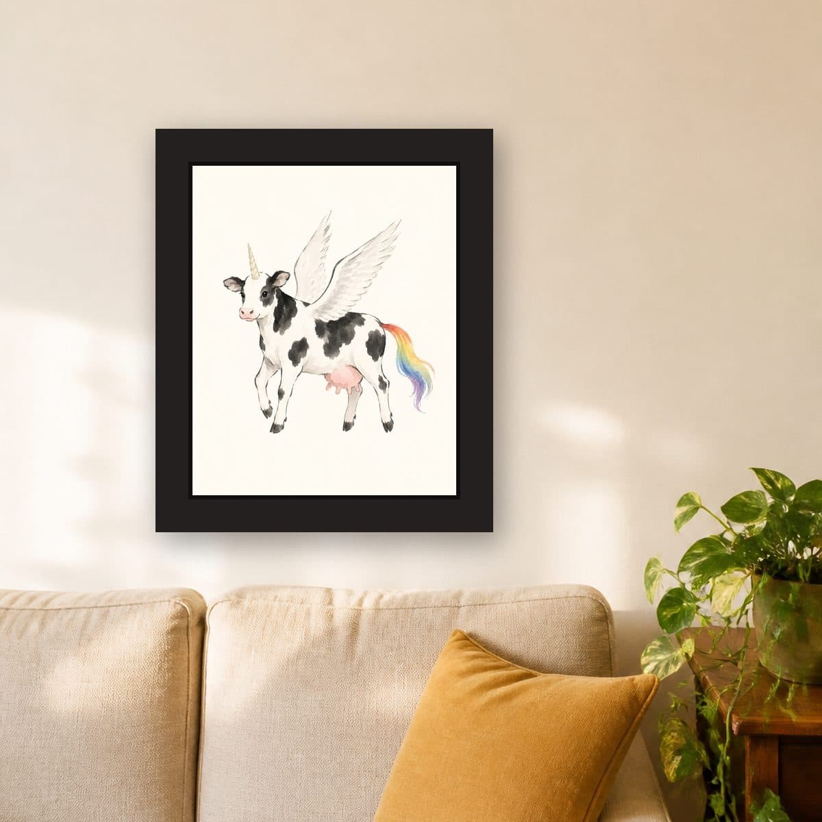 Watercolor Trot — Pegacow framed wall art print (11" x 14" / Black), living room view