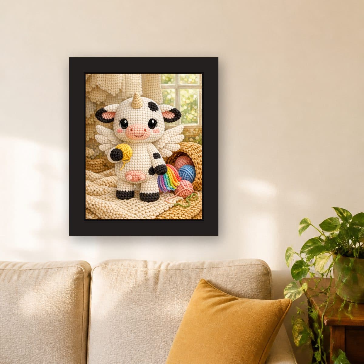 Yarn Basket — Pegacow framed wall art print (11" x 14" / Black), living room view